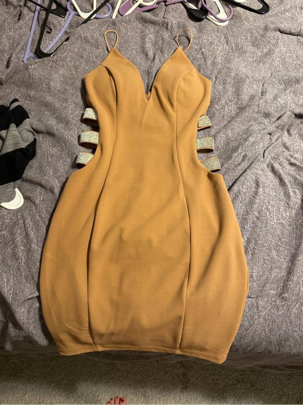Windsor Tan Sleeveless Bodycon Mini Dress with Glitter Side Straps